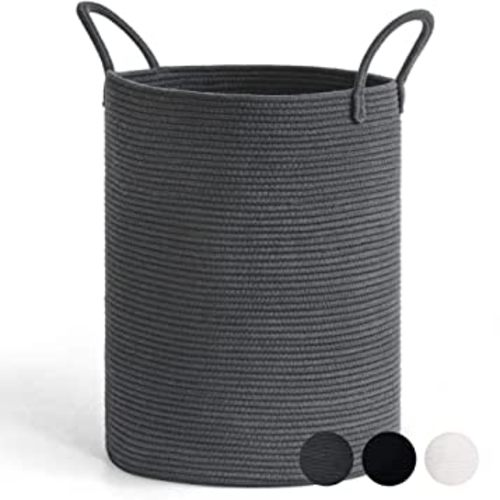Goodpick Laundry Basket, Baby Cotton Rope Basket Tall Storage Basket for Clothes, Blankets, Toys, Towels, Grey Laundry Hamper for Nursery, Living Room, Bedroom, Bathroom, 15 x 20 inches, 58L