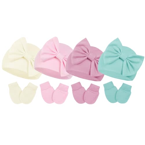 Century Star Newborn Girls Hats Baby Hat and Mitten Set Big Bow Knit Infant Headbands Winter Baby Hat for Girls 04Pcs Beige& Pink& Deep Pink& Light Green 0-3 Months