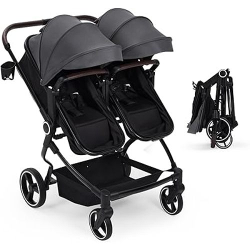 GarveeLife Side by Side Double Stroller for Twins, Lightweight Compact Foldable Baby Travel Stroller with High Landscape Seat, Adjustable Canopy & Recline for Infant and Toddler, Dark Grey
