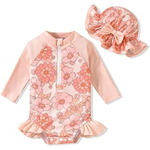 Aalizzwell Baby Girls Long Sleeve One Piece Swimsuit with Hat
