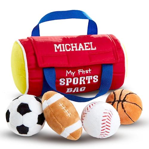 Personalized My First Sports Bag With Embroidered Name, Stuffed Plush Playset with Mini Plush Basketball Baseball Football ball - 8"
