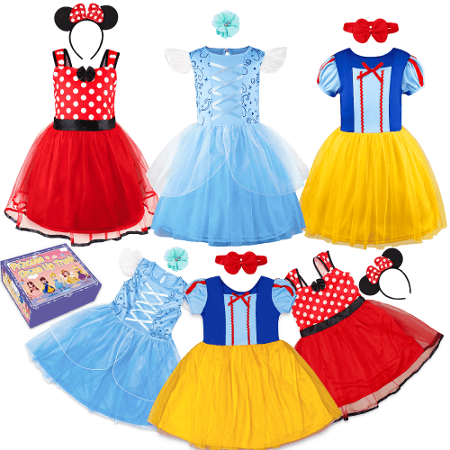 Princess Costume Trunk for Toddler Girls, 6 Pcs Fancy Dresses Outfit for Girls Fancy Dress Up Birthday 4-6 Years