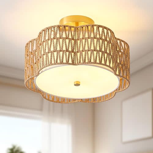 13.6" Boho Light Fixtures Flush Mount, 3-Light Rattan Ceiling Light Fixtures Flush Mount Gold for Bedroom, Flower-Shaped Close to Ceiling Light Fixture for Hallway Kitchen Dining Room(Yellow)