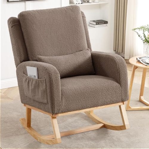 Rocking Chair Nursery, Teddy Nursing Rocking Chairs, Upholstered Nursery Glider Rocker Wingback Morden Rocking Chair with Lumbar Pillow for Mom Nursery, Living Room, Bedroom, Coffee