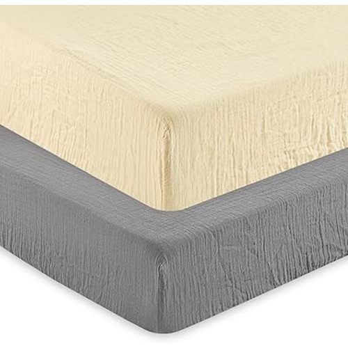 david's kids Muslin Crib Sheets for Boys Girls, 2 Pack 100% Cotton Soft Breathable Fitted Baby Sheet Set, 28x52 Inch Fits Standard Crib and Toddler Mattresses, Beige & Grey