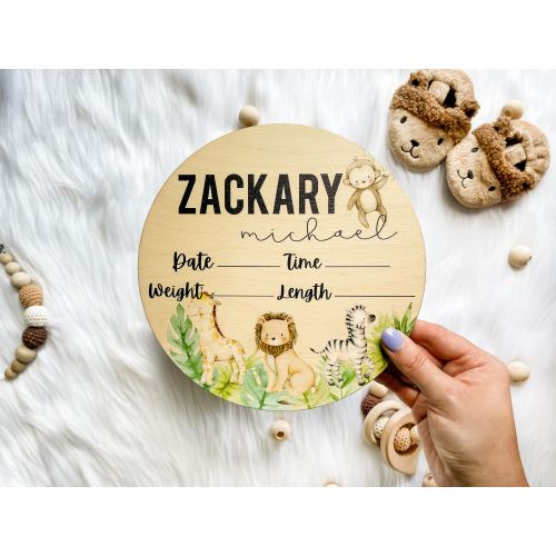 Baby Birth Stat Sign | Personalized Birth Announcement Sign | Gift for New Mom | Name Announcement | Safari Theme | Jungle Animals | Baby