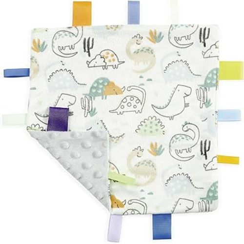 CREVENT Tag Security Blankets for Babies, Soft Small Loveys for Girls, Baby Comforter Sensory Blanket, Great Gifts for Birthday Baby Shower 10"X10" (Dinosaur)