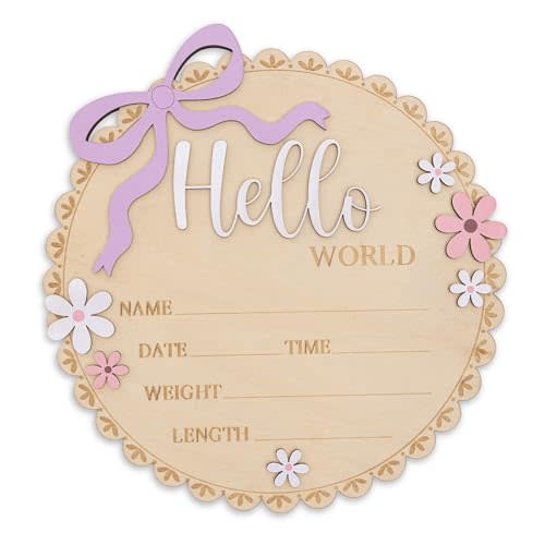 Hello World Wooden Baby Birth Announcement Sign, Pink Floral Newborn Name Date Time Weight Length Board, Baby Girl Nursery Decor Photo Prop Keepsake (Light purple ribbon)