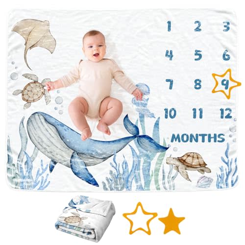 Ocean Baby Monthly Blanket for Girls, Whale Newborn Month Blanket, Ocean Nursery Decor, Sea Soft Flannel Photography Background Prop, Personalized Shower Gift