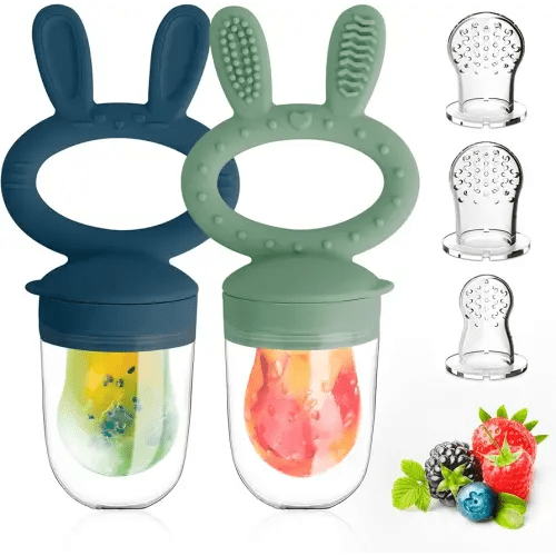 Baby Solids/Frozen Fruit Feeder Pacifier, Infant Teether Toy 4M+, BPA-Free Silicone Pouch & Nipple, Safely Introduce Solids, Teething Relief, 2-Pack - Blue/Green (Rabbit)