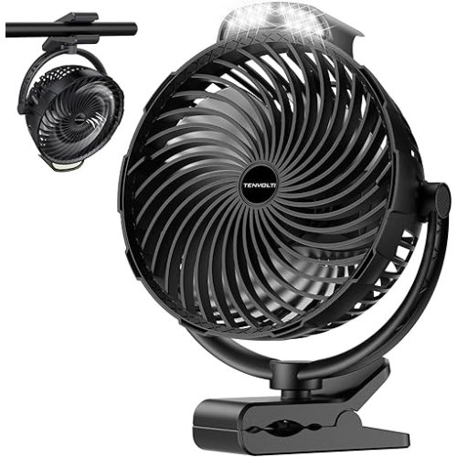 10000mAh Clip on Fan, 8-Inch Golf Cart Fan Rechargeable with LED Light, 9 Speeds Strong Airflow, Quiet, 30Hrs Runtime, 360° Rotation, Cooling for Bed Camping Office Desk Dorm, Black