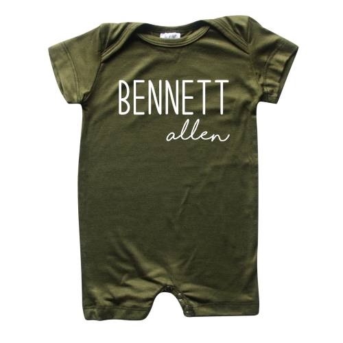 Personalized First + Middle Name Silky Baby Romper Shorts (Modern Cursive) -Custom Newborn Gift, Going Home Outfit for Boys or Girls, Shower