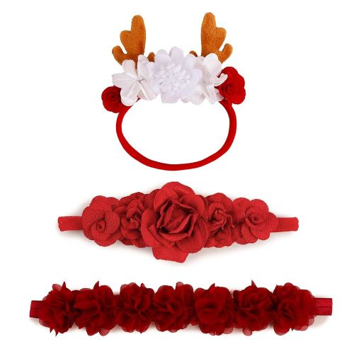 Baby Girl Floral Headbands Set - 3pcs Flower Crown Xmas Elastic Hairband Newborn Toddler Hair Accessories Christmas Gifts for Girls （1-6 years old）