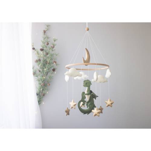 Dragon nursery baby mobile, Baby boy mobile, Felt hanging toy, Fantasy baby nursery, Golden moon and stars, Baby shower gift