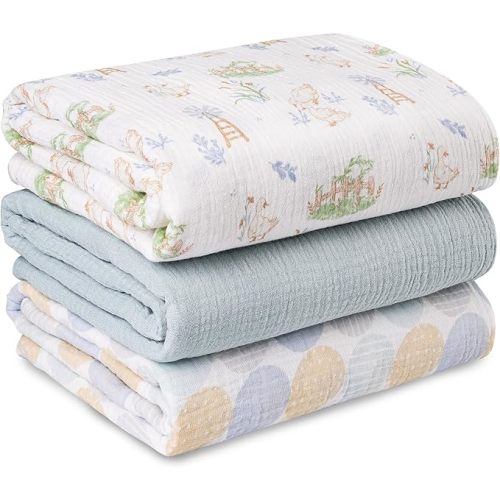 Muslin Swaddle Blankets for Newborn, 3 Pack Breathable Soft Receiving Blanket, Large 38 x 40 inches Swaddle Wrap Burping Clothes Diapers, Essentials Infant Shower Items, Toddler Gift (Cute Country)
