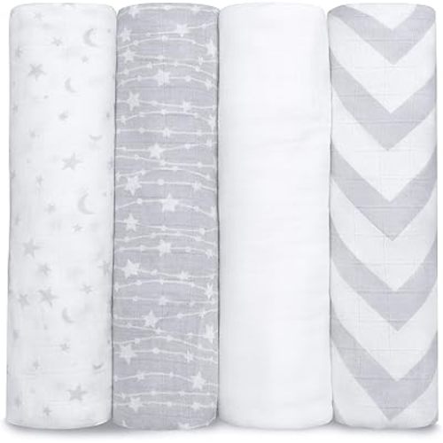 Comfy Cubs Muslin Swaddle Blankets (Pack of 4) - 47” x 47”, Soft Cotton Baby Blanket Set, Large Swaddling Wraps for Newborns - Self-Soothing Baby Swaddle - (Grey)