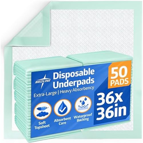 Medline Super Absorbent Underpad, 36" x 36", 50 Count, Extra Large Disposable Incontinence Pads, Protective Bed Pads, Chucks, For Kids, Adults, Elderly, Furniture & Surface Protection Pee Pad