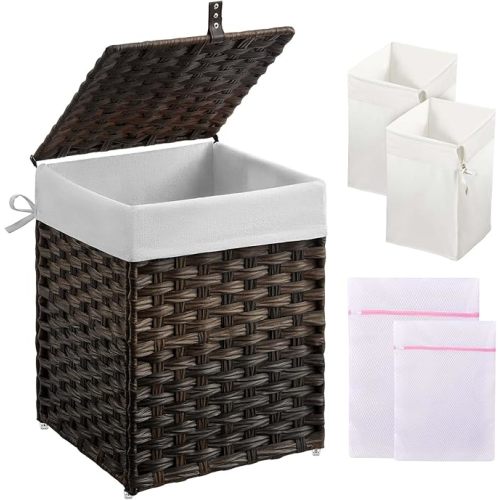 Greenstell Laundry Hamper with Lid, 40L Clothes Hamper with 2 Removable Liner Bags & 2 Mesh Laundry Bags, Handwoven Synthetic Rattan Laundry Basket for Clothes, Toys in Bathroom, Bedroom Brown