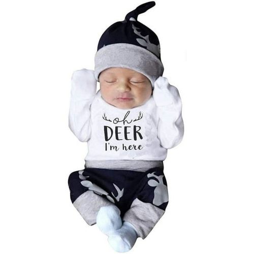 Izhansean 3PCS Newborn Baby Boy Clothes Long Sleeve Romper Tops+Deer Pants+Hat Outfit Set Blue 0-3 Months