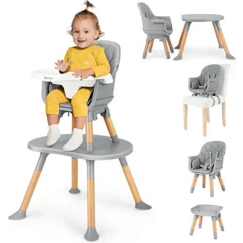 Ezebaby 8-in-1 Baby High Chair, Convertible High Chair for Babies and Toddlers/Booster Seat/Toddler Chair/Table & Chair Set/Kids Stool, Wood Highchair with Removable Tray, Seatbelt, PU Cushion (Gray)