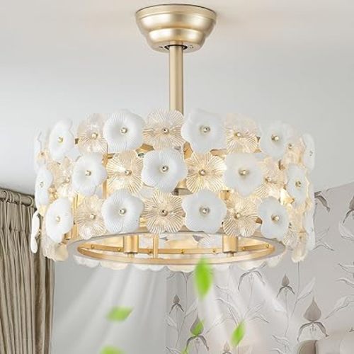 20" Gold Fandelier Ceiling Fan with Light, Caged Flower Chandelier Ceiling Fans with Lights Remote Control, Mid-Century Modern with 6 Speeds for Bedroom, Nursery