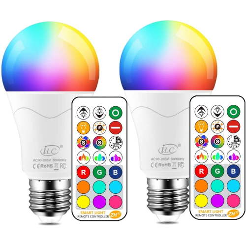 iLC 85W Equivalent LED Light Bulb, RGB Wireless Smart Hue with Remote Control, Dimmable E26 Base (2 Pack)