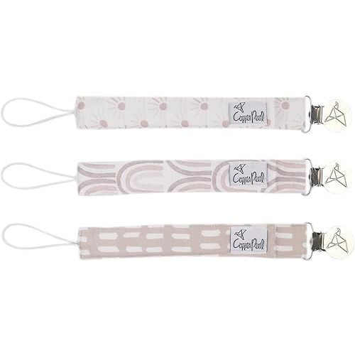 Copper Pearl Pacifier Clip 3-Pack: Premium Knit Binky Holders for Baby Girls and Boys - Stylish Stainless Steel Pacifier Accessory - Prevents Floor Drops - Bliss