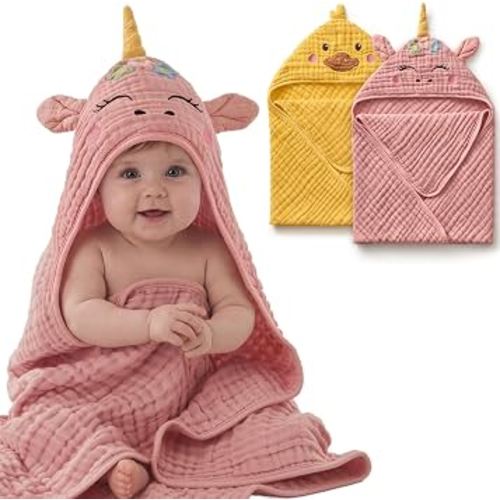 Amazon.com : Blissful Diary Muslin Baby Hooded Towel 2 Pack, Soft & Absorbent Bath Towel for Infant, Toddler, Unisex, Baby Gift, Newborn Essentials, Sunny Duck & Dreamy Unicorn : Baby