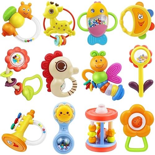 MOONTOY 12pcs Baby Rattles Set Teether Toys for Babies 0-6 Months Infant Baby Gifts Easter Basket Stuffers, Baby Toys 6-12 Months Teething Toys 3-6 Months Newborn Boy Girl 0 1 2 3 4 5 6 7 8 9 10 Month