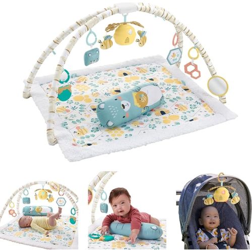 Fisher-Price Baby Playmat Honey Bee Music & Lights Activity Gym with Tummy Wedge & 6 Activities for Developmental Play Newborns Ages 0+ Months
