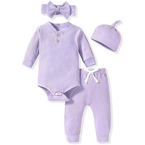 Aalizzwell Gender Neutral Long Sleeve Baby Ribbed Outfit with Hat & Headband
