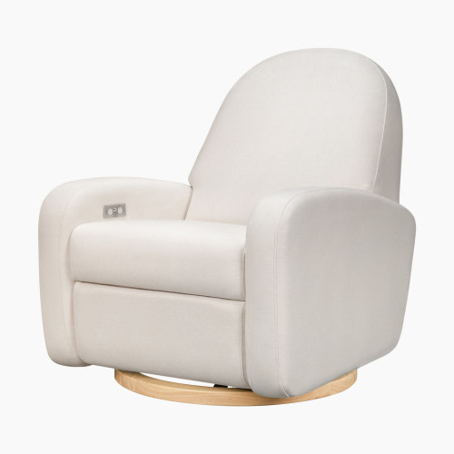 babyletto Nami Electronic Recliner and Swivel Glider Recliner in Eco-Performance Fabric - Performance Cream Eco-Weave With Light Wood Base