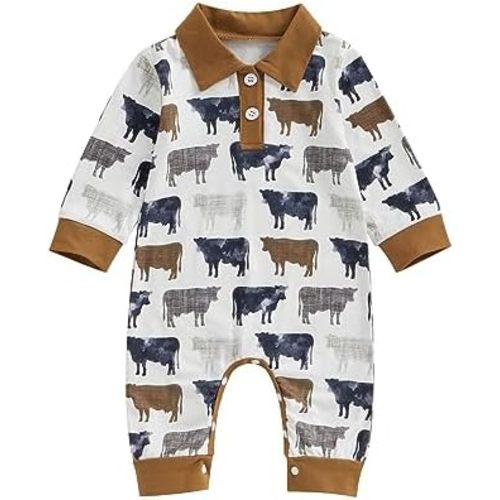 SAYOO Western Baby Cowboy Clothes Neutral Zipped Fall Romper Outfit for Boy Girl Infant Lapel Cow Print One-piece Jumpsuit