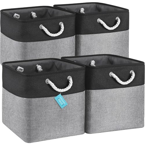 OrganiHaus 13x13 Cube Storage Bins Set of 4 | Fabric Cube Baskets for Storage Shelves | Foldable Storage Cubes for Kallax Organizer Cube Bins w Rope Handles | Cubby Bins for Nursery Decor -Grey/Black - (13x13) Rope Handles - Gray Base / Black