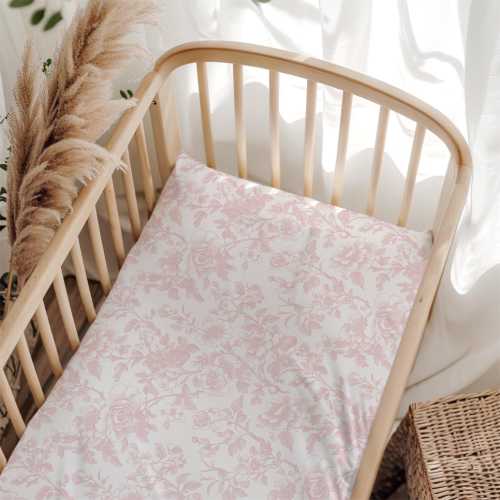 Pink Toile Crib Sheet, Toile De Jouy, Baby Girl Bedding, Pink Floral Bedding, Mini Crib Bedding, Fitted Crib Sheet, Vintage Nursery Bedding