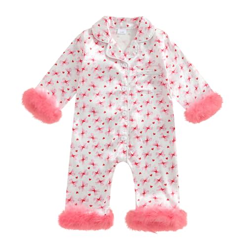 woshilaocai Baby Girl Button Down Romper Bow Strawberry Fuzzy Cuff Long Sleeve Jumpsuit Spring Summer Clothes