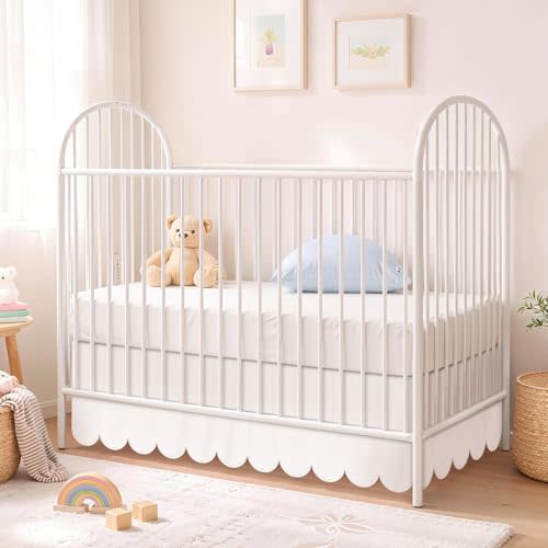 Hahafelt Scalloped Crib Skirt for Baby Girl Nursery, 28"x 52" with 14" Drop, 4-Sided Dust Ruffle, Soft Breathable Fabric, Elegant Nursery Decor, Fits Standard Crib, White