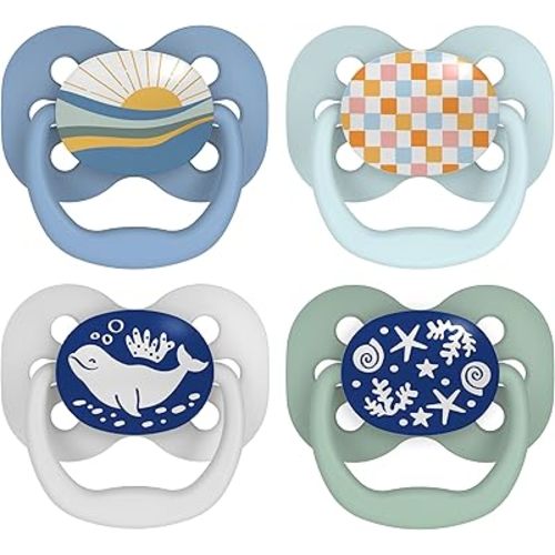Dr. Brown's Advantage Glow-in-the-Dark Baby Pacifier, Fully Symmetrical Soother with Soft Silicone Bulb, 0-6m, BPA Free, Blue Sunrise and Blue Ocean, 4 Pack (Style May Vary)