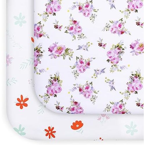 Pack and Play Sheets Girl Red Floral, Compatible with Graco Pack and Play