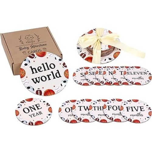 Sursurprise Sports Milestone Cards, Baby Monthly Milestone Markers, Wooden Milestone Cards, 13PCS Sports Double Sided Hello World Newborn 1-12 Months Circles Discs Signs Props
