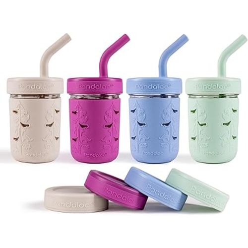 Pandaloo® Mason Jar Toddler Cup - 8 oz Spill-Proof Glass Tumbler with Silicone Straw and Lid, Non-Slip Sleeve, BPA-Free Toddler Snack Cups - Perfect Smoothie Cups with Lids and Straws for Kids