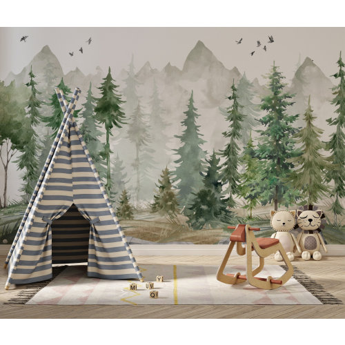Kids Wallpaper - Mountain and Trees  Peel and Stick  Wall Mural - Self Adhesive Nursery Wall Art - Child Room Mountain Decor Forest  Decal