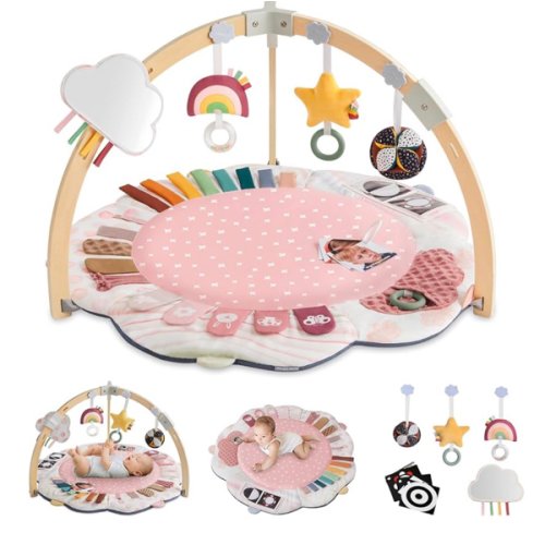 Blissful Diary Baby Play Gym & Activity Mat, 5 Developmental Zones Wooden Tummy Time Mat with 5 Detachable Sensory Toys for Motor Skills & Sensory Development, Baby Essentials Shower Gift, Pink Flower