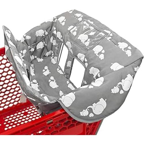 2-in-1 Shopping Cart and High Chair Cover for Baby, Padded Cover, Fold'n Roll Style, Portable with Carry Bag (Gray Elephant)