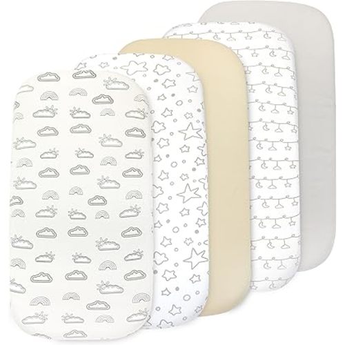 Baby Bassinet Sheet Set for Boy and Girl, 5 Pack Organic Universal Fitted for Oval, Hourglass & Rectangle Bassinet Mattress, Fitted Sheets Size 32 x 16 x 4 Inches, Gray