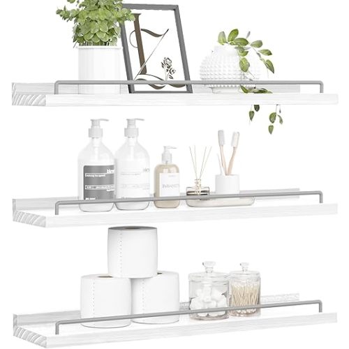 22 inches Long Floating Shelves, Bathroom Decor Shelves Over Toilet, Farmhouse Wall Shelves for Living Room, Bedroom, Picture Frames, Plants, Kitchen, Set of 3 (White and Grey)