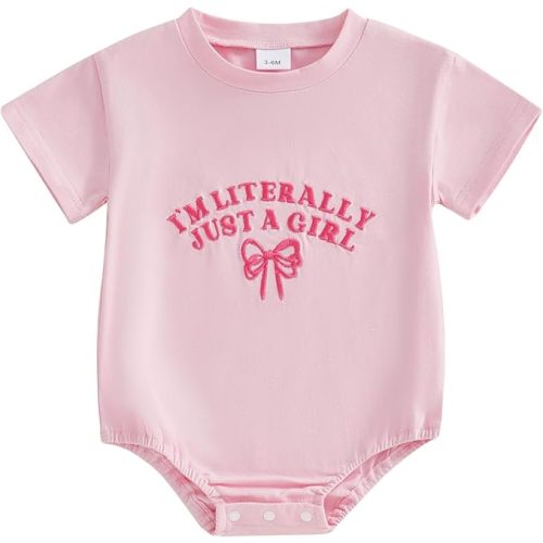 Sasaerucure Infant Baby Girl Summer Short Sleeve Bubble Romper One-piece Newborn Baby Girl Pink Bow Onesie Outfit