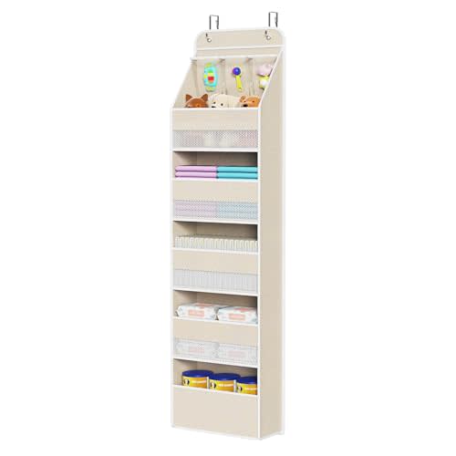 Univivi 6-Shelf Over Door Hanging Organizer Fabric Baby Door Storage with 5 Extra Large Capacity Pockets Behind the Door Hanging Storage Organizers Easy Install Door Storage for Baby Essential (Beige)