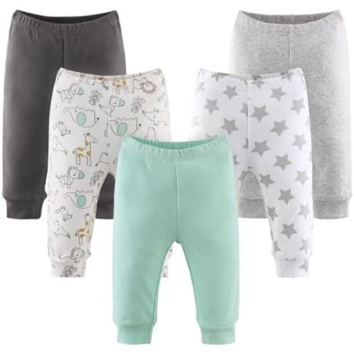 The Peanutshell Baby Pants 5 Pack Set for Boys or Girls | Newborn to 24 Month Sizes | Black, Grey, Light Green, Safari, Stars