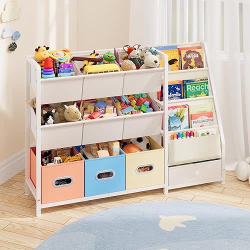 HAVLOTII Toy Storage Organizer - Kids Bookshelf and Toy Storage with 3 Book Shelf and 10 Storage Bins, Montessori Playroom Storage for Toddler, Baby, Book Shelf for Kids Rooms